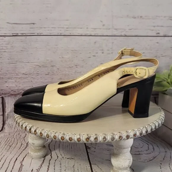 Salvatore Ferragamo Vintage Leather Slingback Heels Cream Black Cap Toe Size 8.5 - Picture 10 of 12